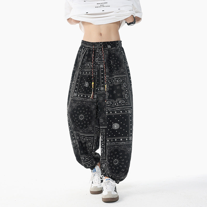 Damen nan lässige Pluderhose im Ethno-Print mit elastischem Bund, Kordelzug und gesmokten Bündchen EB