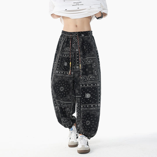 Damen nan lässige Pluderhose im Ethno-Print mit elastischem Bund, Kordelzug und gesmokten Bündchen EB