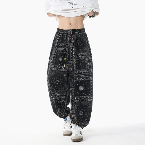 Damen nan lässige Pluderhose im Ethno-Print mit elastischem Bund, Kordelzug und gesmokten Bündchen EB
