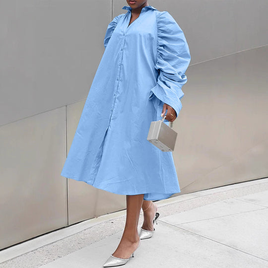 Damen Hemdblusenkleid mit voluminösen Puffärmeln und eleganter Knopfleiste EB