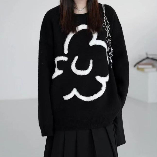 Damen lässiger Strickpullover mit floralem Motiv EB