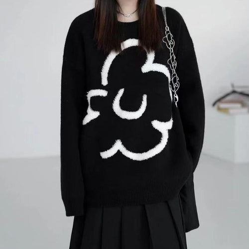 Damen lässiger Strickpullover mit floralem Motiv EB