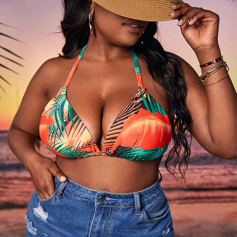Damen Triangel-Bikini mit tropischem Blattmuster und bindenbaren Trägern EB