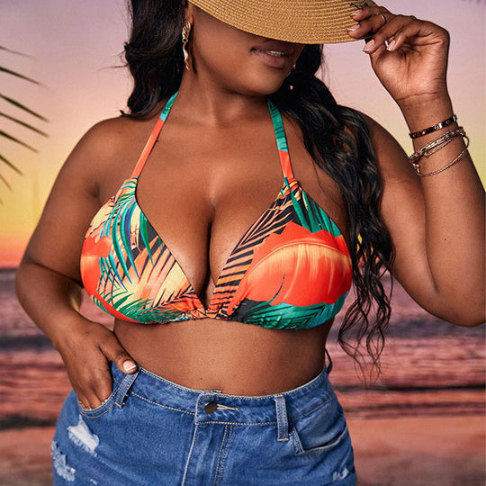 Damen Triangel-Bikini mit tropischem Blattmuster und bindenbaren Trägern EB
