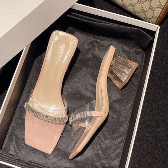 Damen transparentes Mules mit glitzerndem Riemendesign EB