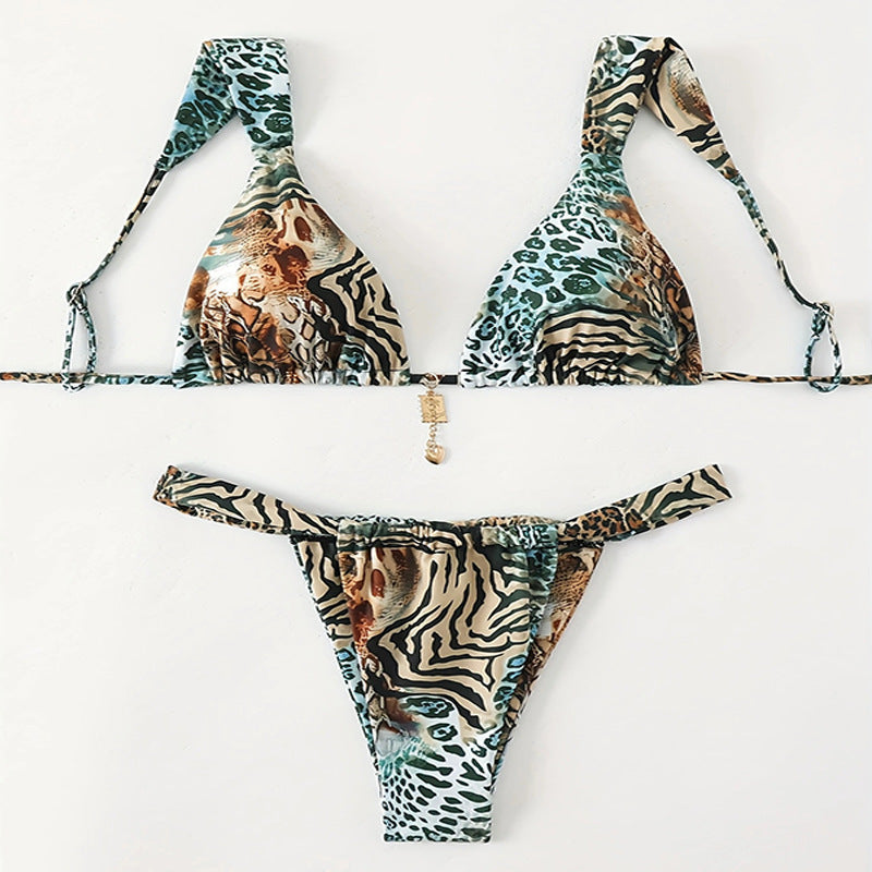 Damen Triangel-Bikini mit exotischem Tiermuster und verstellbaren Trägern EB