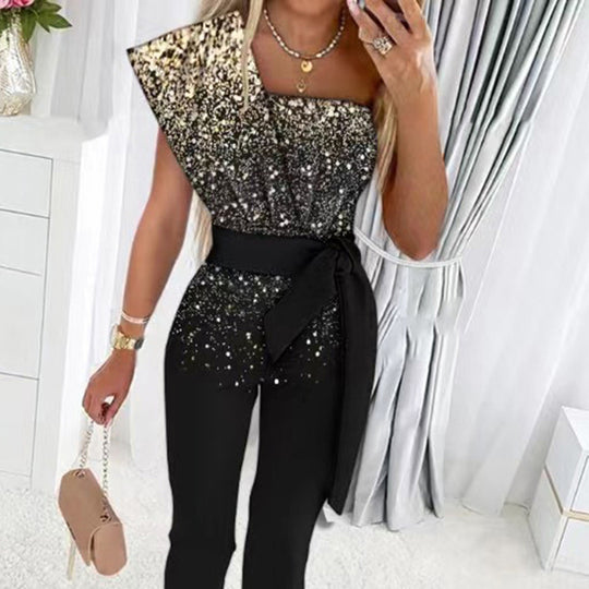 Damen One-Shoulder Jumpsuit mit glitzerndem Oberteil und Taillengürtel EB