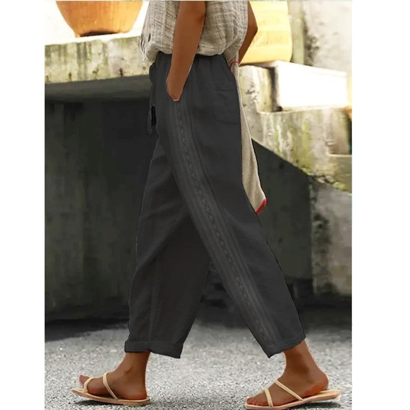 Damen Leichte Leinenhose mit seitlicher Knopfdetail EB