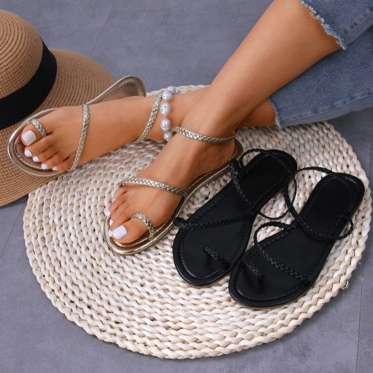 Damen Riemensandalen mit geflochtenem Design und Perlenakzenten EB
