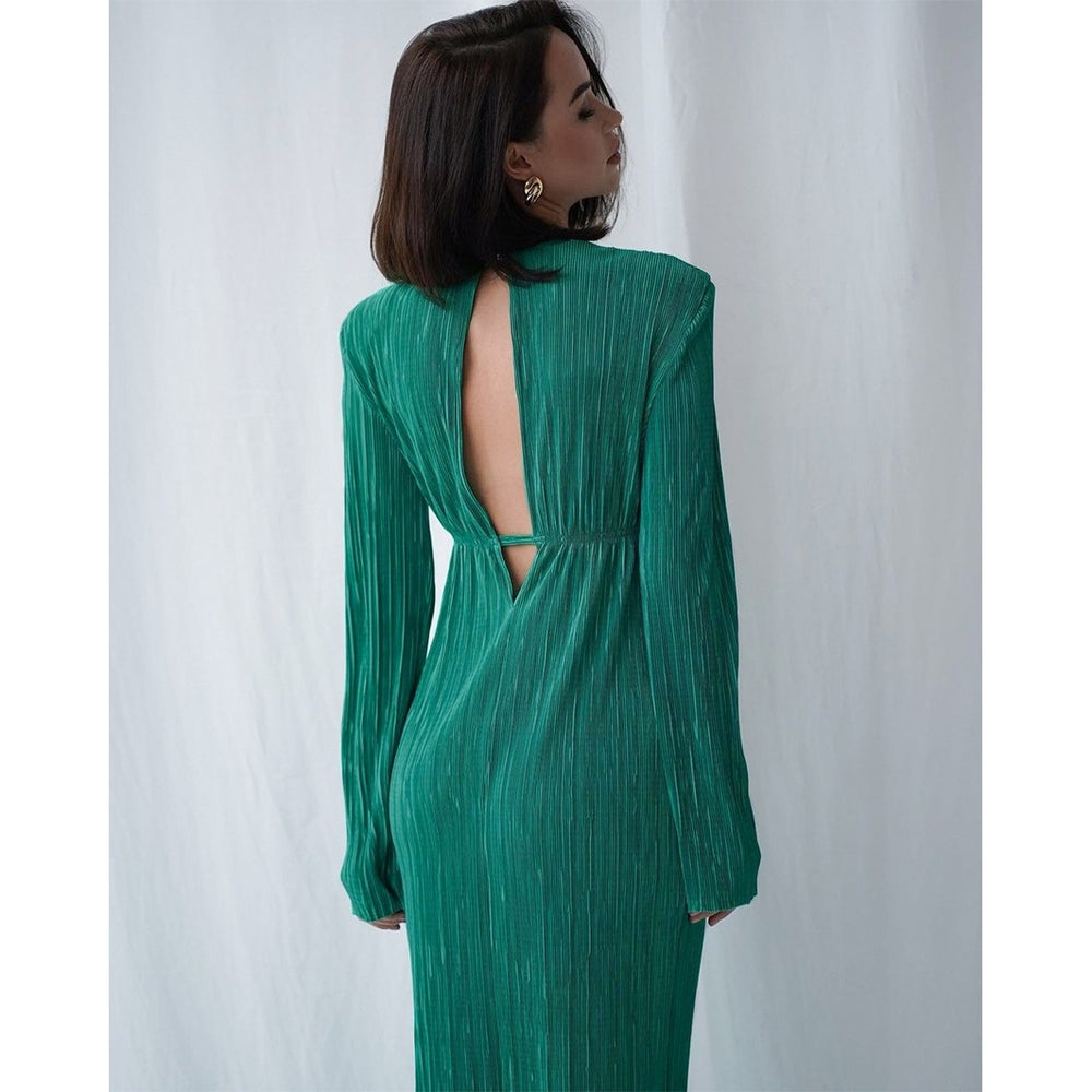 Damen Elegantes Maxikleid mit strukturierten Falten und langen Ärmeln EB