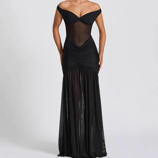 Damen Elegantes Off-Shoulder Maxikleid mit Rüschendetails und hohem Schlitz EB