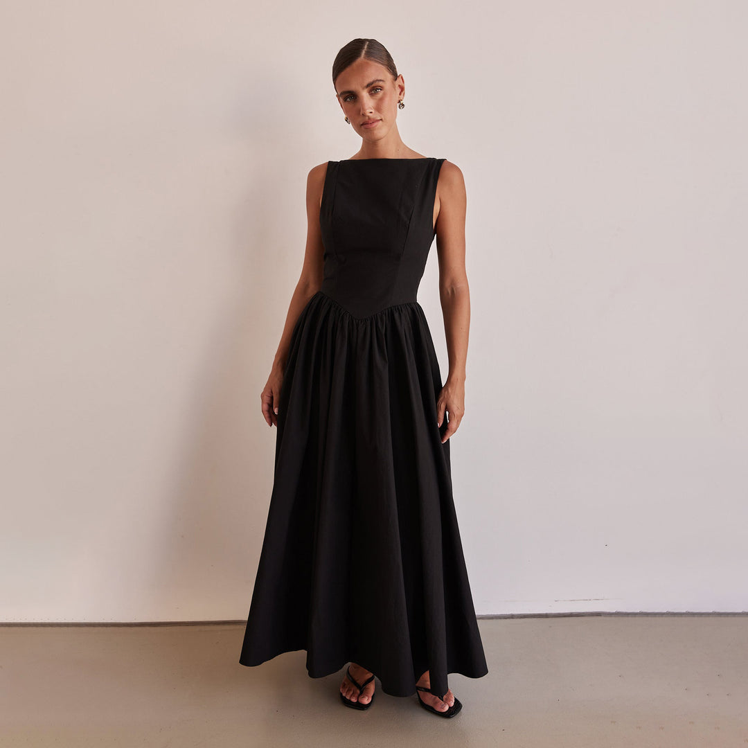 Damen Elegantes Maxi-Kleid mit breitem Rockansatz und taillierter Passform EB