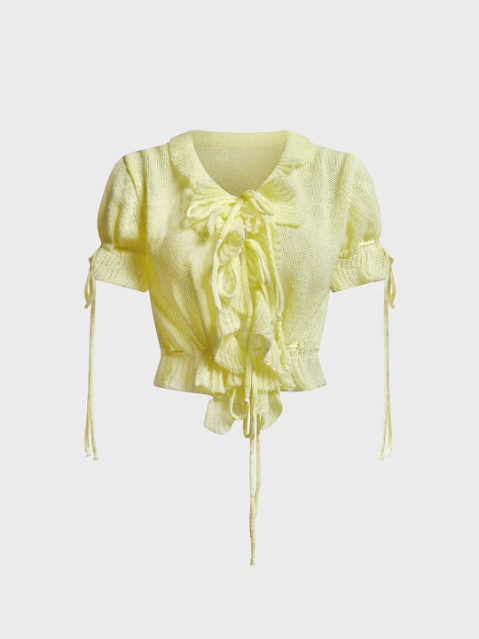Damen Kurzarm Spitze Top mit Rüschen EB