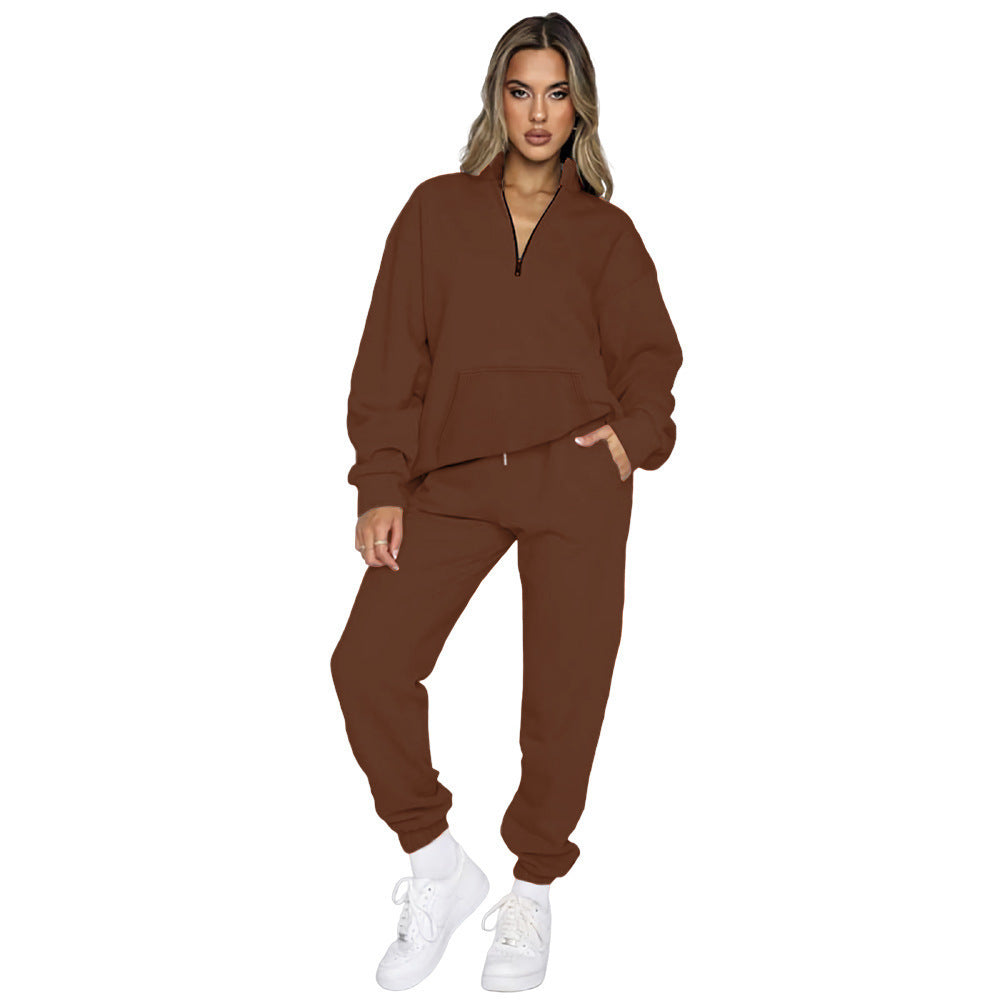 Damen nan French‑Terry Relax‑Loungewear‑Set mit halbem Reißverschluss, Kängurutasche und taillierter, schmal zulaufender Jogginghose EB