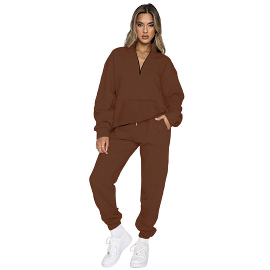 Damen nan French‑Terry Relax‑Loungewear‑Set mit halbem Reißverschluss, Kängurutasche und taillierter, schmal zulaufender Jogginghose EB
