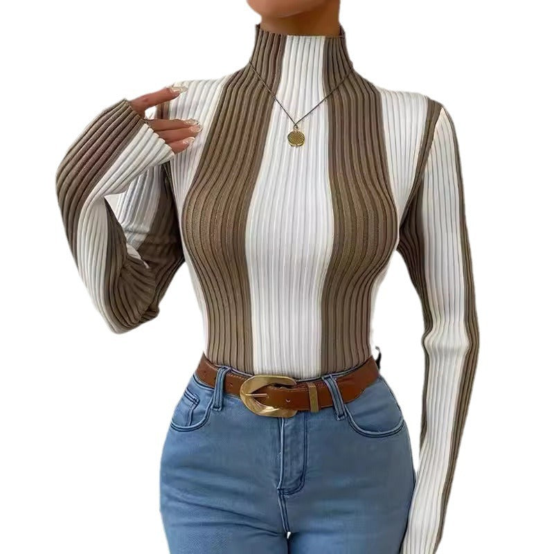 Damen Langarmshirt mit strukturiertem Rippmuster und hohem Kragen EB