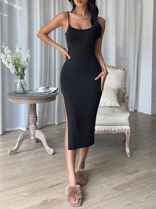 Damen figurbetontes Maxi-Kleid mit schmalen Spaghettiträgern und seitlichem Schlitz EB