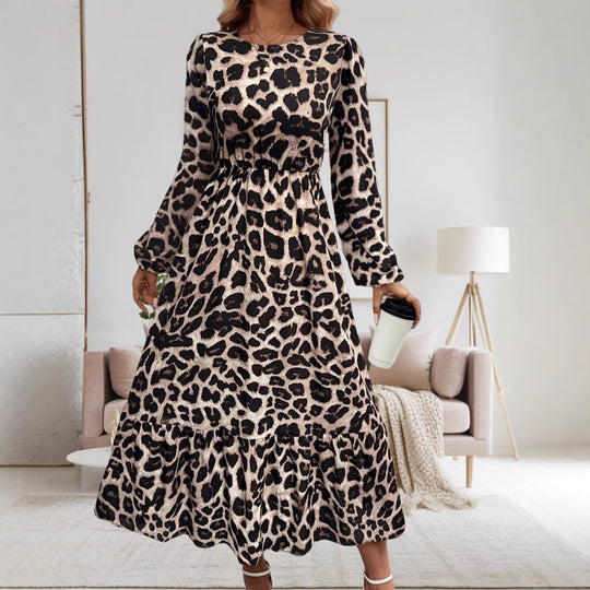 Damen Elegantes Langarm-Maxikleid mit modernem Tierprint und asymmetrischem Saum EB