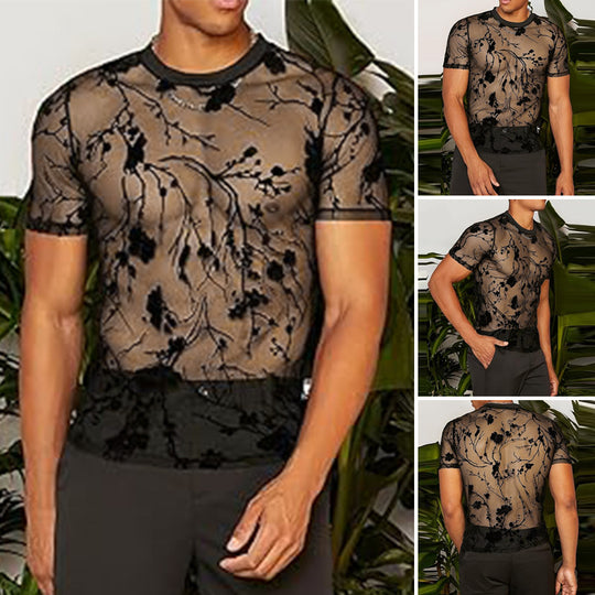 Damen nan transparentes Netz-Oberteil mit floraler Samtstickerei und Rundhalsausschnitt EB
