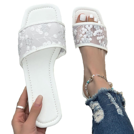 Damen elegante Pantoletten mit floralem Spitzen-Design und weich gepolsterter Sohle EB