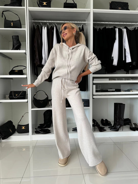 Damen nan luxuriöses Feinstrick-Loungewear-Set mit Kapuzenpullover, elastischem Komfortbund und fließendem Wide-Leg-Hosenbein EB