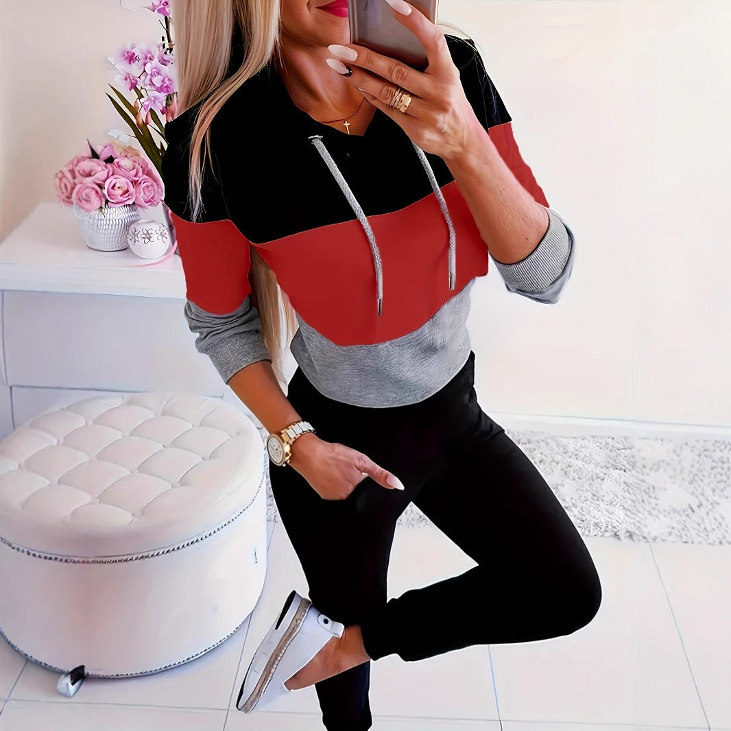 Damen modischer Freizeitpullover mit Kapuze und Farbblockdesign EB
