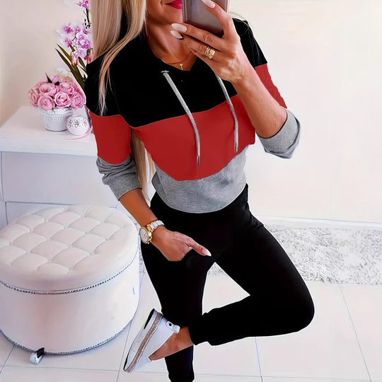 Damen modischer Freizeitpullover mit Kapuze und Farbblockdesign EB