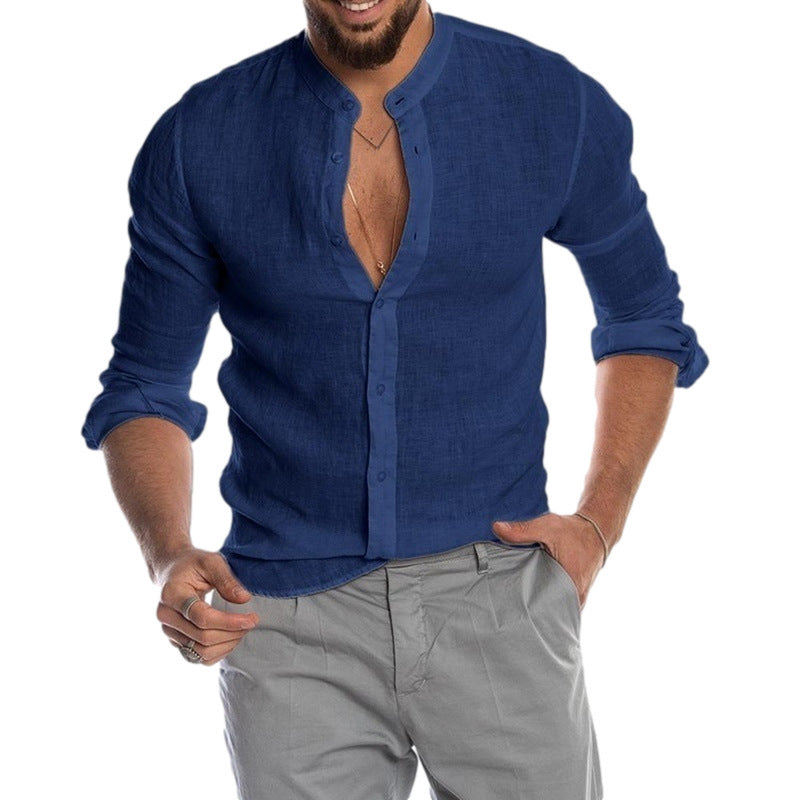 Herren Leinenhemd mit modernem Henley-Ausschnitt und Struktur EB