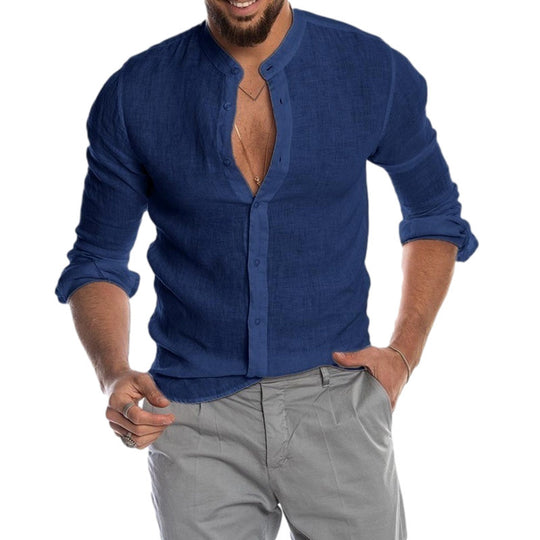 Herren Leinenhemd mit modernem Henley-Ausschnitt und Struktur EB