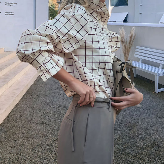 Damen Karierte Bluse mit eleganten Rüschendetails EB