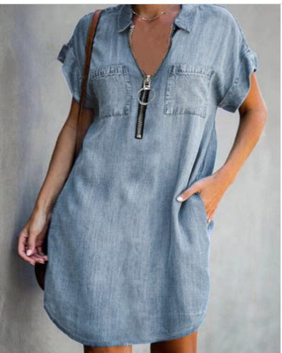 Damen Freizeit Denim-Kleid mit praktischen Taschen und Reißverschluss EB