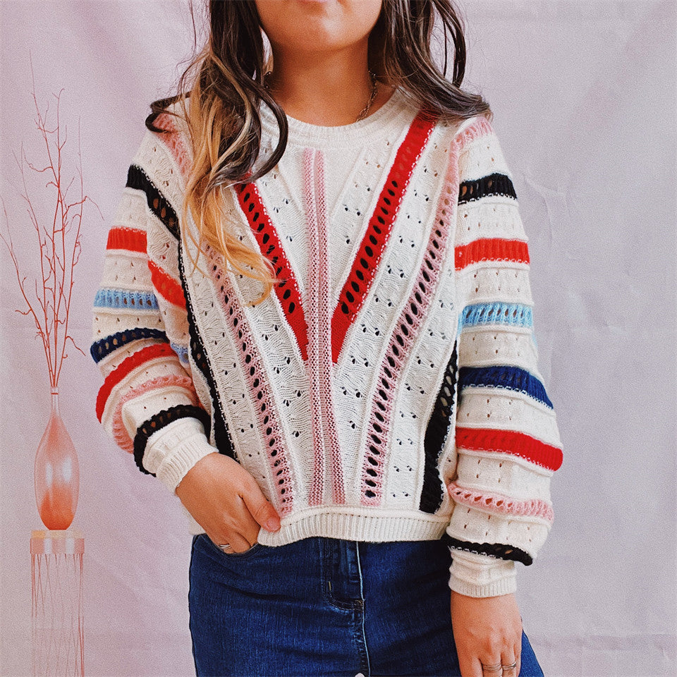 Damen lässiger Strickpullover mit modernem Farbverlauf und einzigartiger Lochstruktur EB