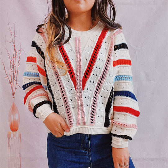 Damen lässiger Strickpullover mit modernem Farbverlauf und einzigartiger Lochstruktur EB