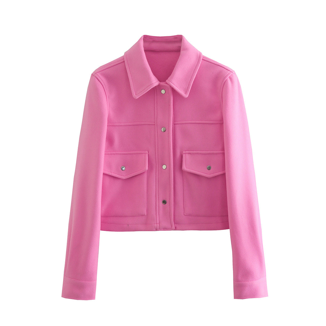 Damen Kurz geschnittene Wolloptik-Jacke mit Pattentaschen und Druckknöpfen EB
