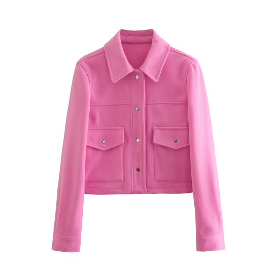 Damen Kurz geschnittene Wolloptik-Jacke mit Pattentaschen und Druckknöpfen EB
