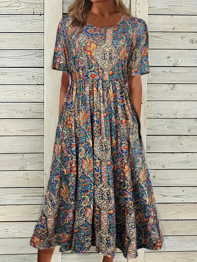 EB | Rundhalsausschnitt Kurzarm Bohemian Print Kleid Frauen