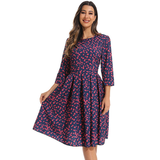 Damen elegantes Midikleid mit floralem Muster und schwingendem Rock EB