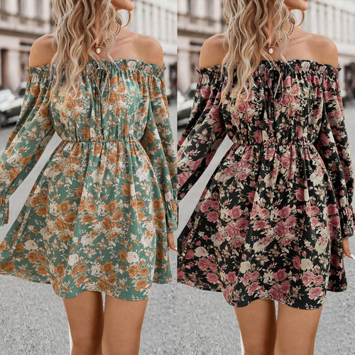 Damen Off-Shoulder Minikleid mit floralen Mustern und elastischem Taillenbund EB