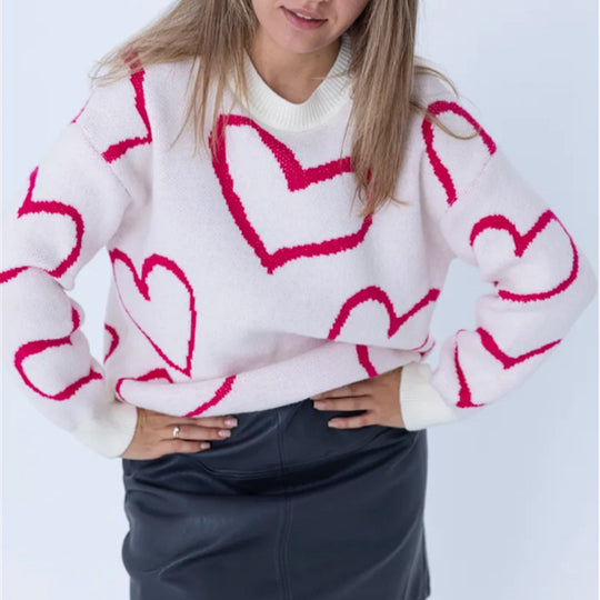 Damen Kuscheliger Jacquard-Pullover mit Herzmotiv und lockerer Oversize-Passform EB