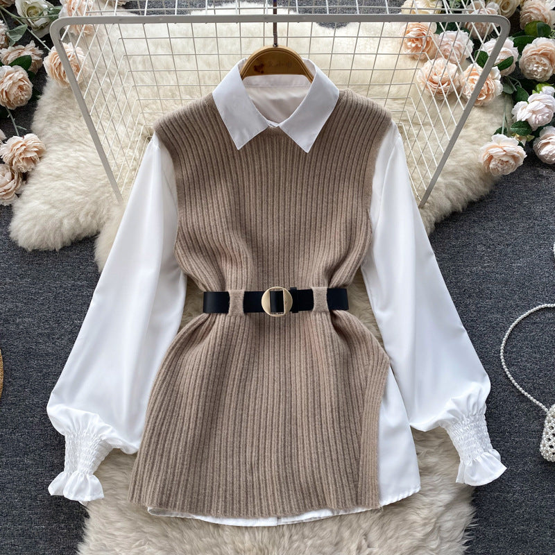 Damen Lagenlook-Bluse mit Rippstrick-Überwurf und Taillengürtel EB