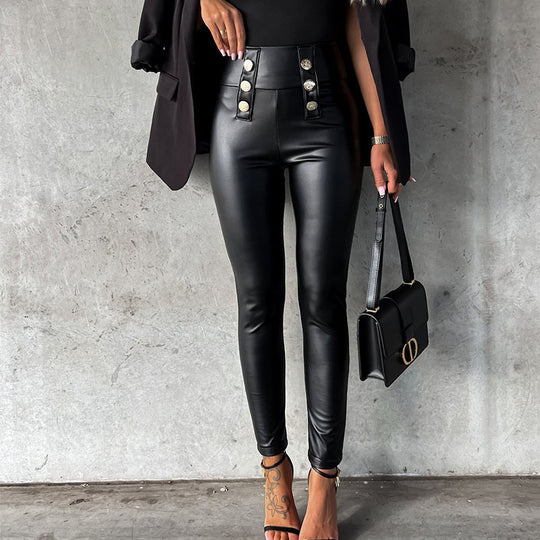 Damen imitat Leggings mit glänzender Oberfläche und dekorativen Knöpfen EB