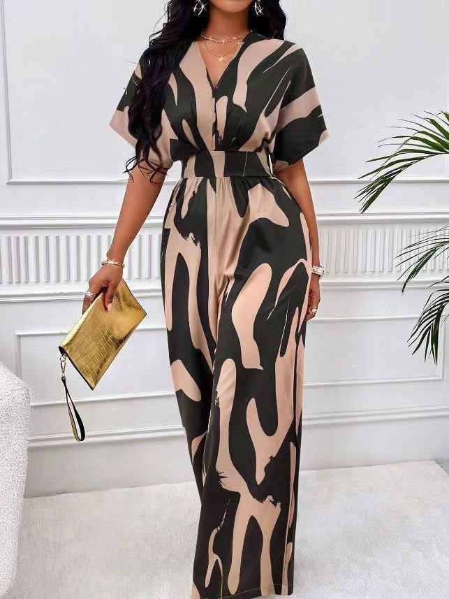 Damen Eleganter Jumpsuit mit großflächigem Muster und V-Ausschnitt EB