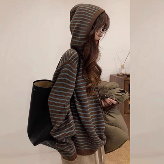 Damen Gemütlicher Kapuzenpullover mit Streifenmuster EB