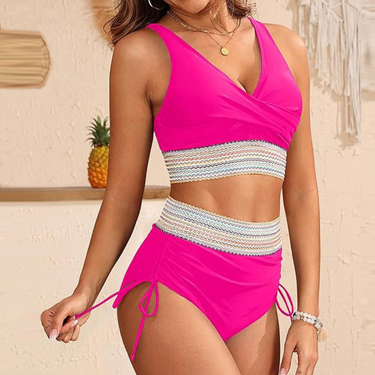 Damen Hoch geschnittenes Bikini-Set mit modischem Wickeloberteil EB