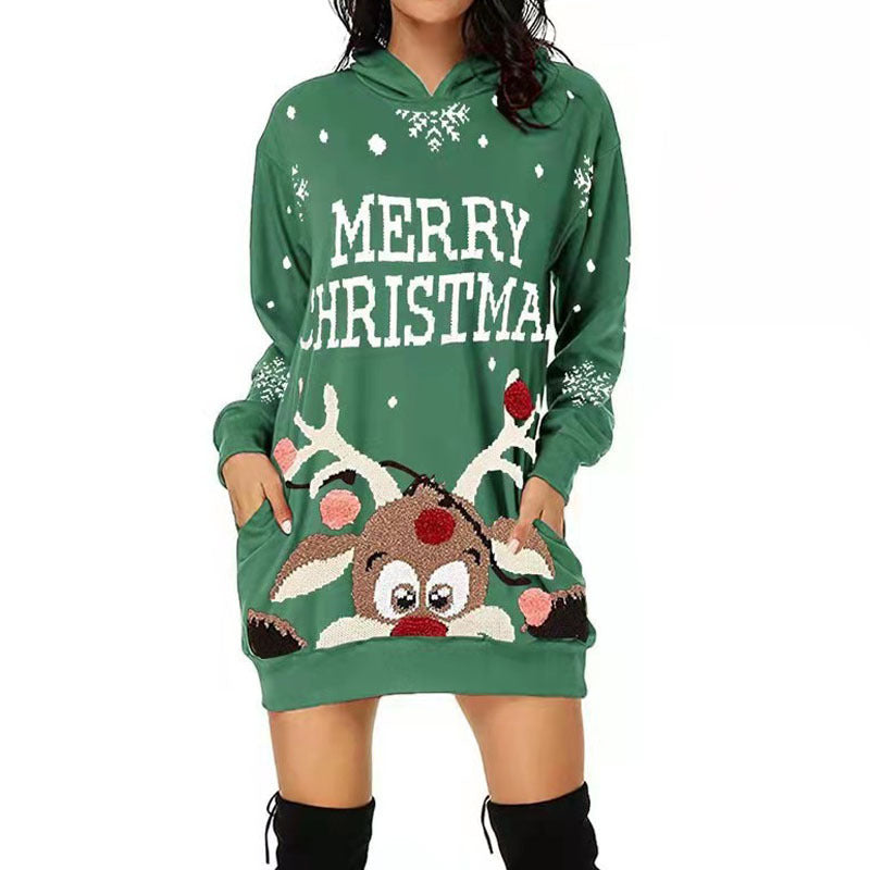 Damen Kapuzenkleid mit niedlichem Rentiermotiv und weihnachtlichem Schriftzug EB