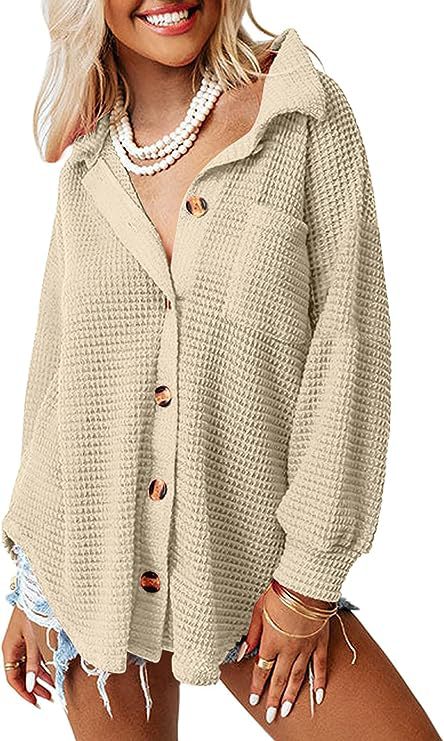 Damen lässige Waffle-Hemdenjacke mit Knopfverschluss EB
