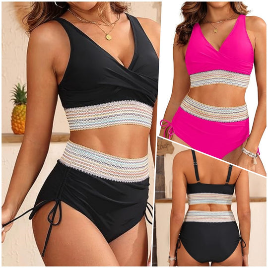 Damen Hoch geschnittenes Bikini-Set mit modischem Wickeloberteil EB