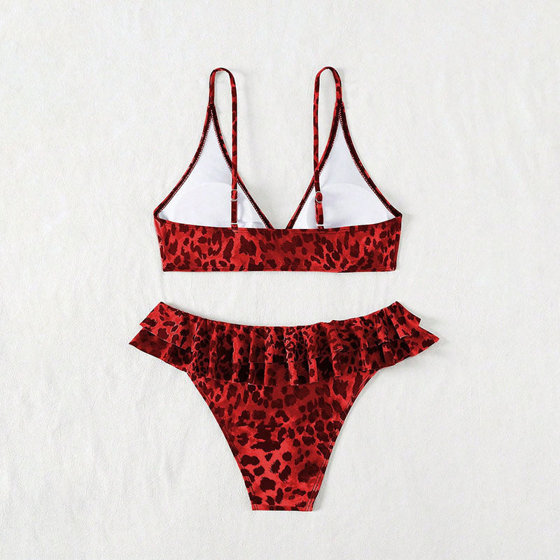 Damen Bikini-Set mit glamourösem Leo-Design und dekadentem Rüschensaum EB