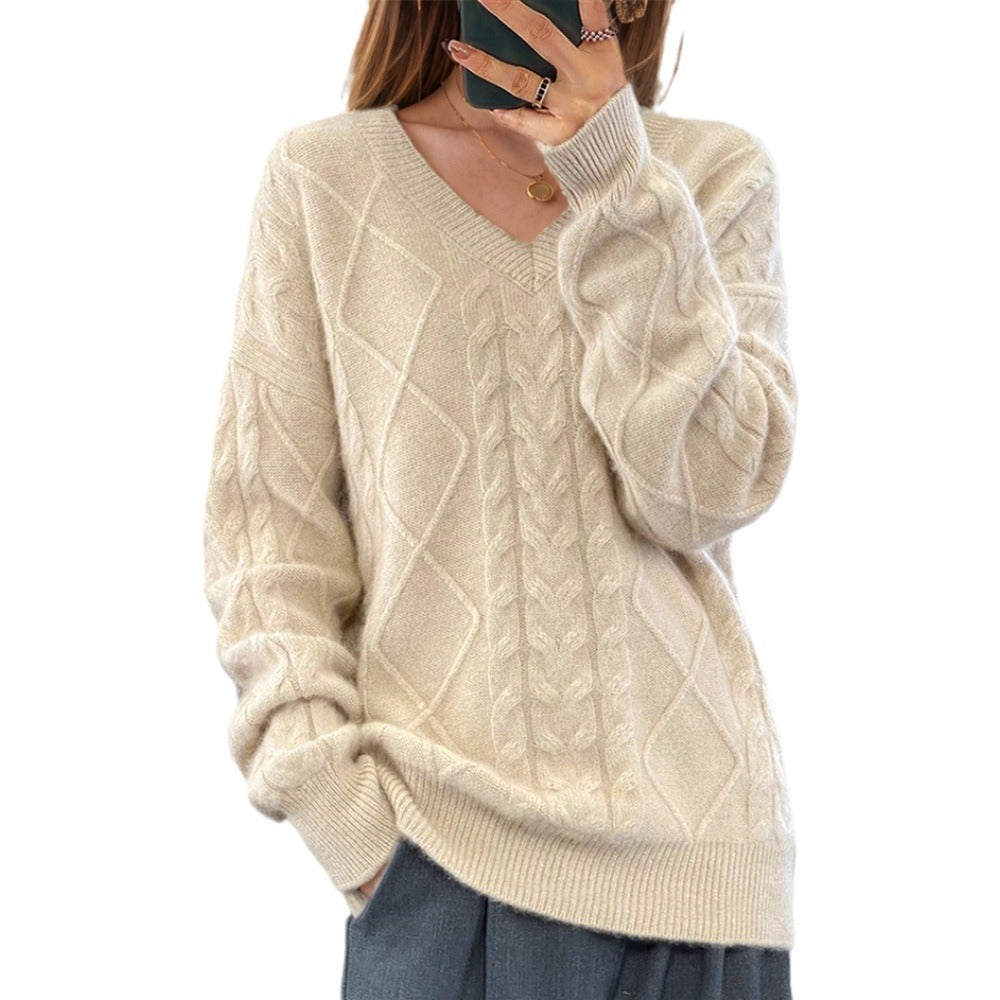 Damen nan kuscheliger V-Ausschnitt Zopfmuster-Pullover mit Oversize-Schnitt und Rippabschlüssen EB