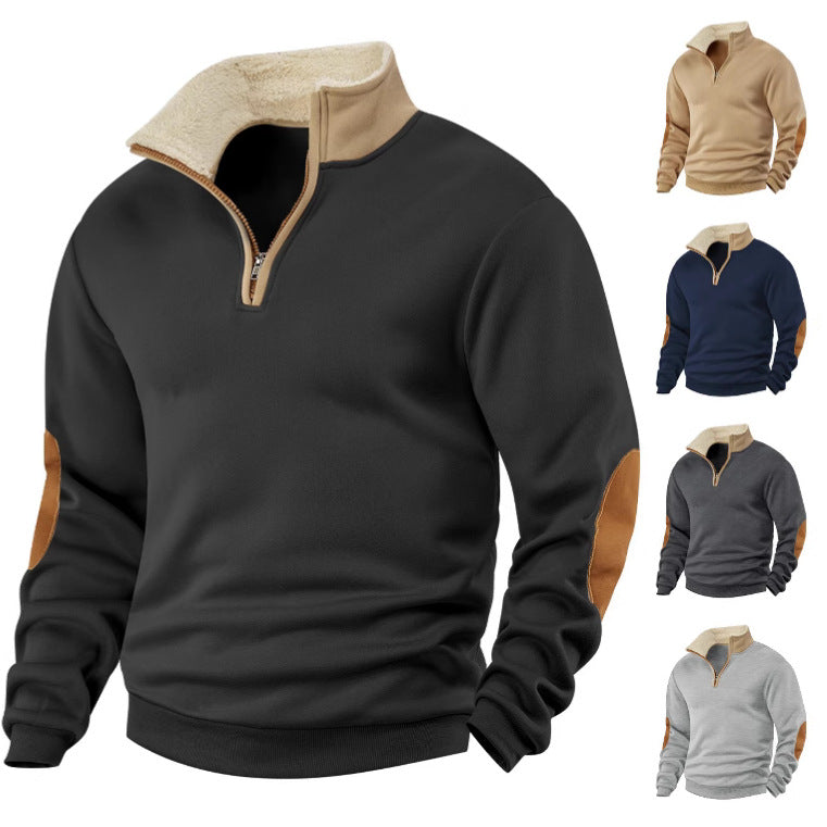 Herren nan Sherpa-gefütterter Halbzip-Pullover mit Stehkragen und Leder-Ellenbogenpatches EB